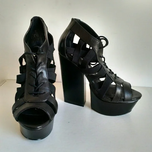 SOLD - New Anthro SHELLYS LONDON Laufer Goth Leather sexy platform strappy heels - Picture 5 of 8